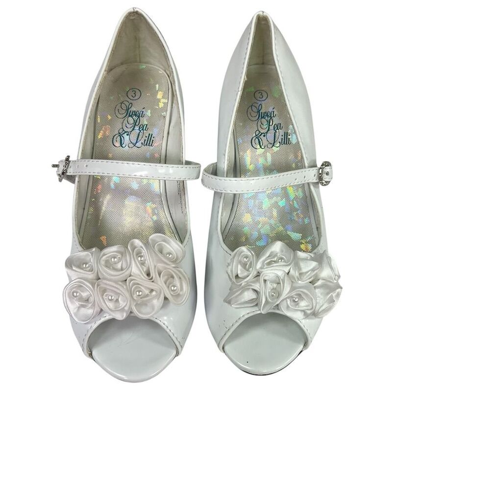 Sweet Pea & Lilli Girls' White Satin Dress Shoes Floral Size 3